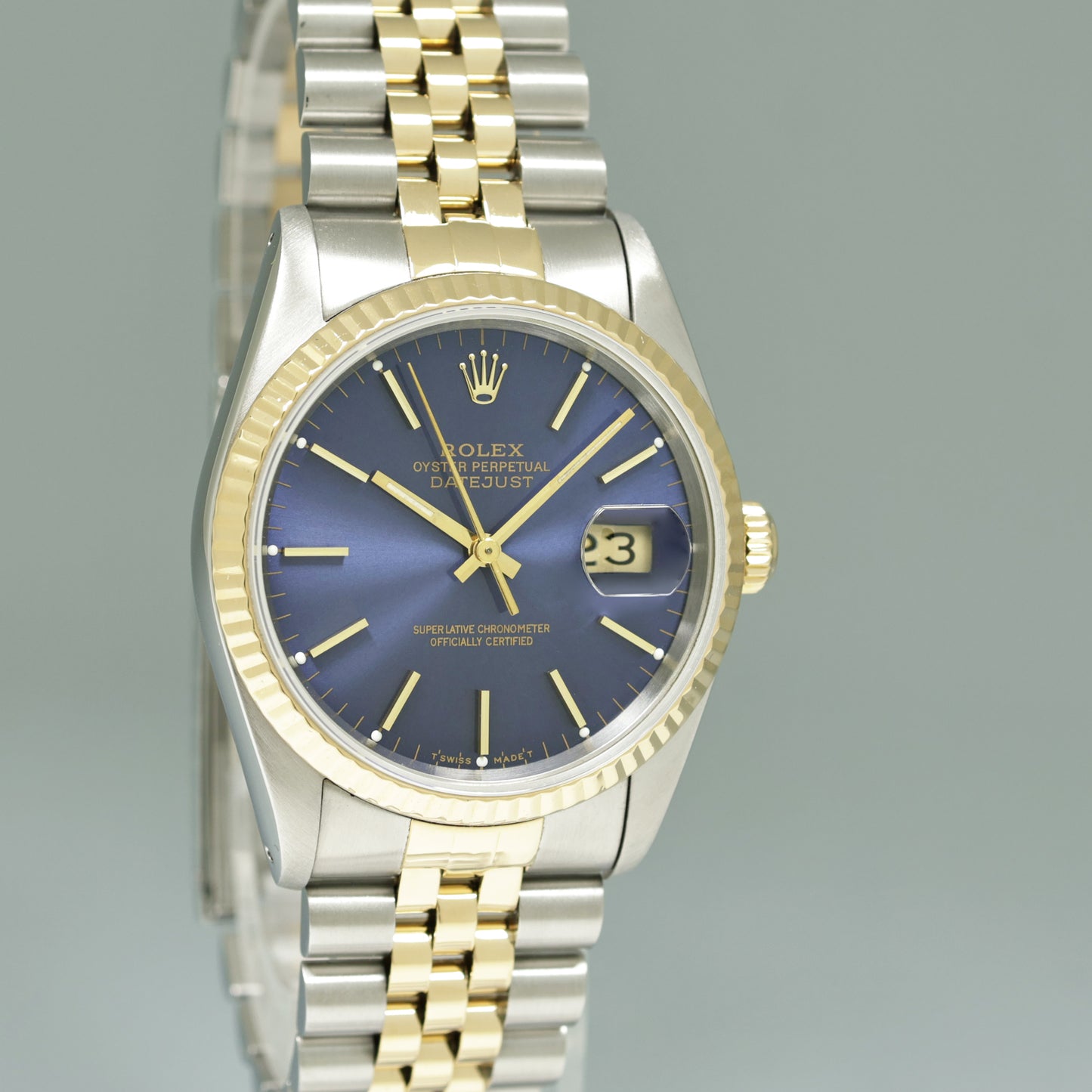 1991 PAPERS Rolex DateJust 16233 Two Tone Yellow Gold Jubilee Band Blue Fluted Watch