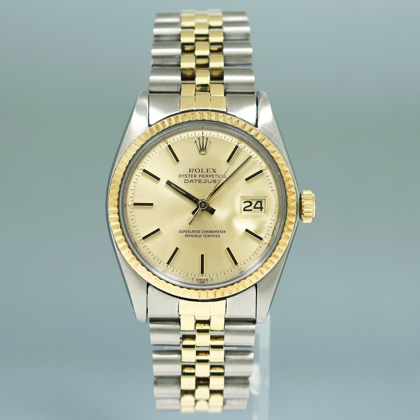 Rolex DateJust 1601 Steel Two Tone Yellow Gold 36mm Jubilee Champagne Pie Pan Watch