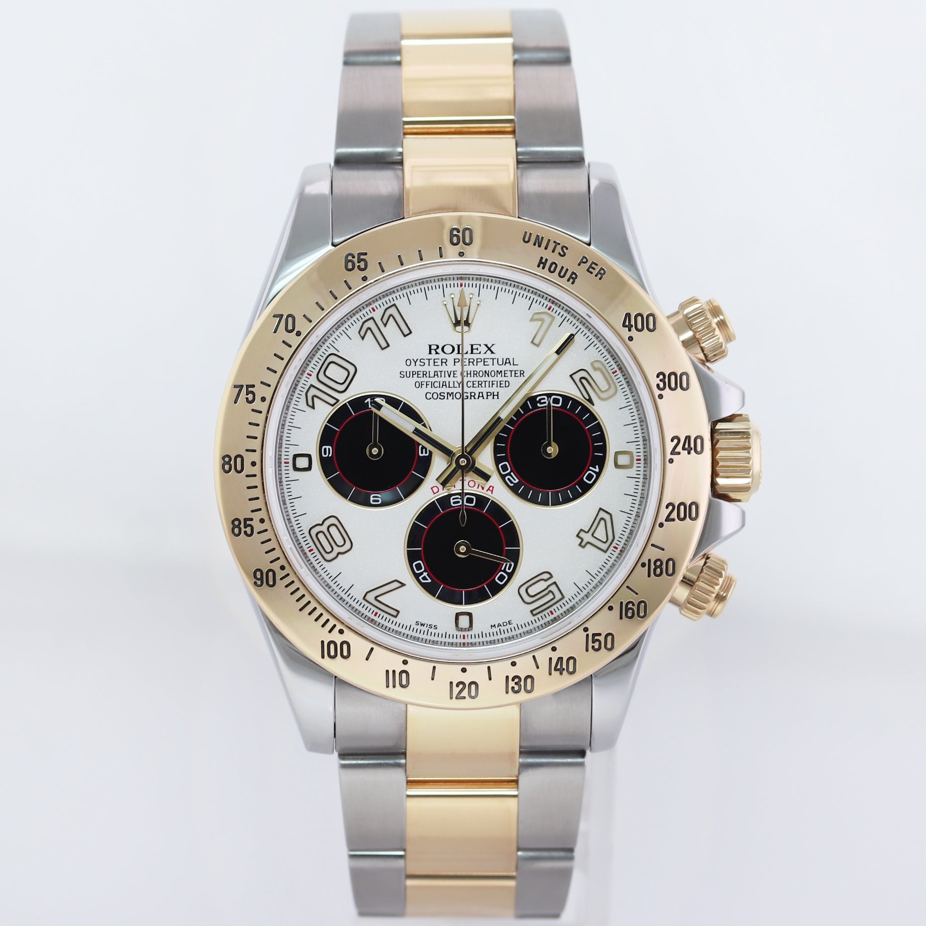 MINT Rolex Daytona 116523 White  Panda Arabic Steel Yellow Gold Two Tone Watch