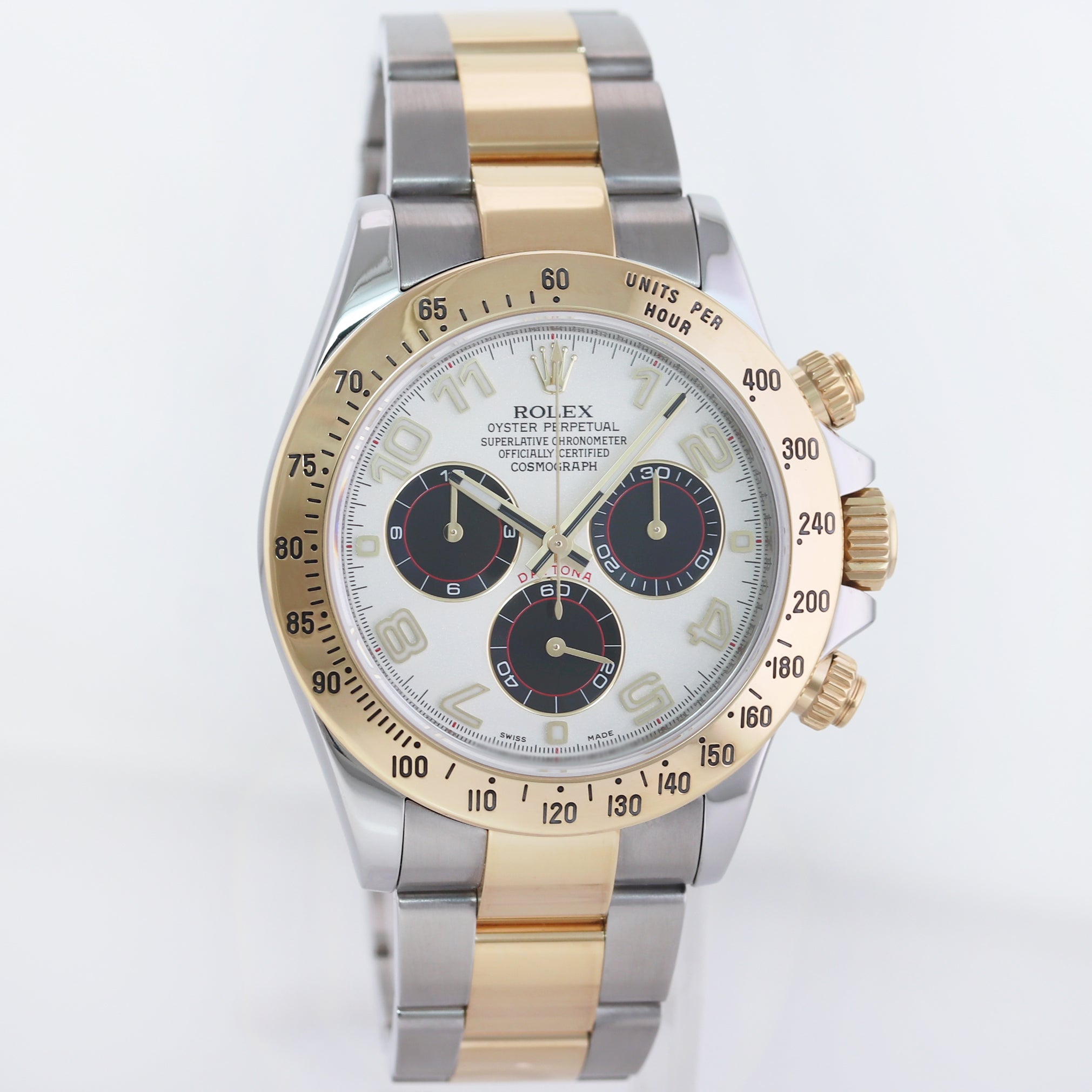 MINT Rolex Daytona 116523 White  Panda Arabic Steel Yellow Gold Two Tone Watch
