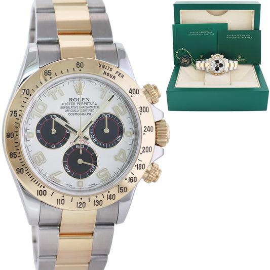 MINT Rolex Daytona 116523 White  Panda Arabic Steel Yellow Gold Two Tone Watch