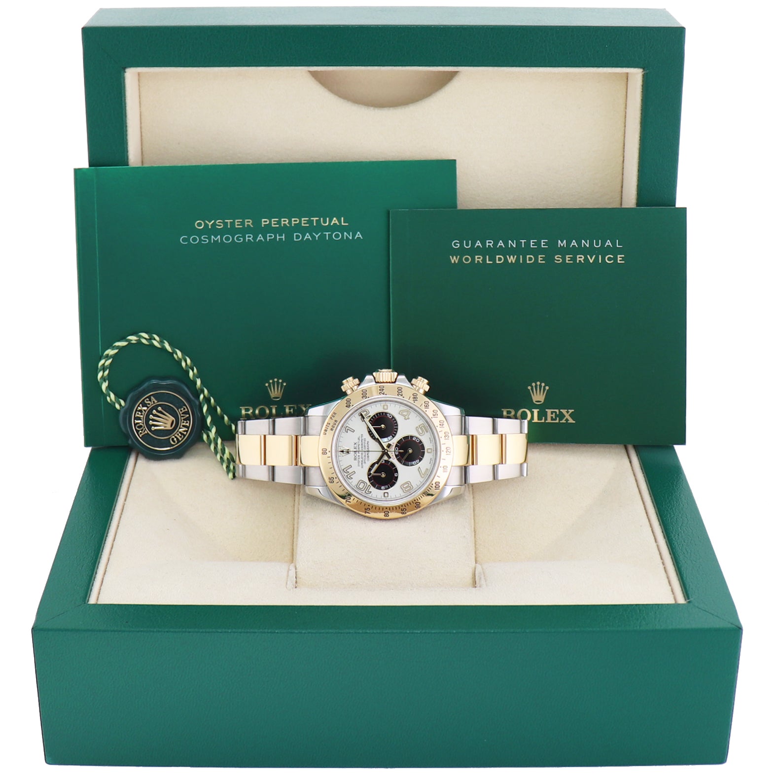 MINT Rolex Daytona 116523 White  Panda Arabic Steel Yellow Gold Two Tone Watch