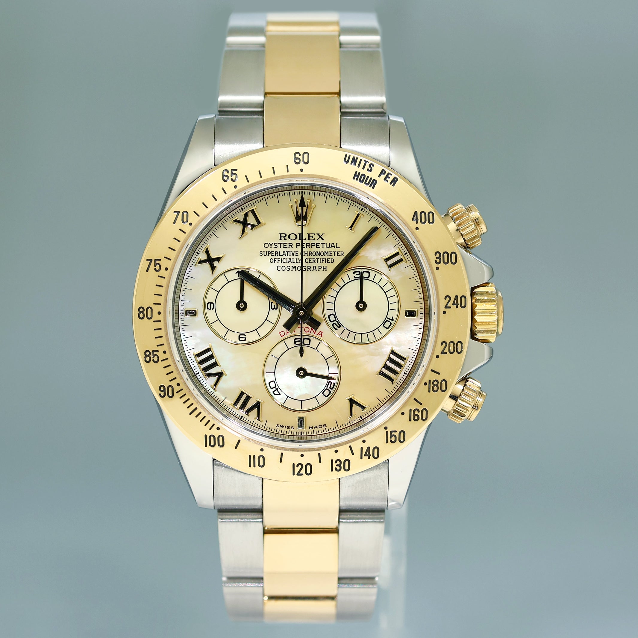 MINT Rolex Daytona 116523 Champagne Mother of Pearl Yellow Gold Two Tone Watch