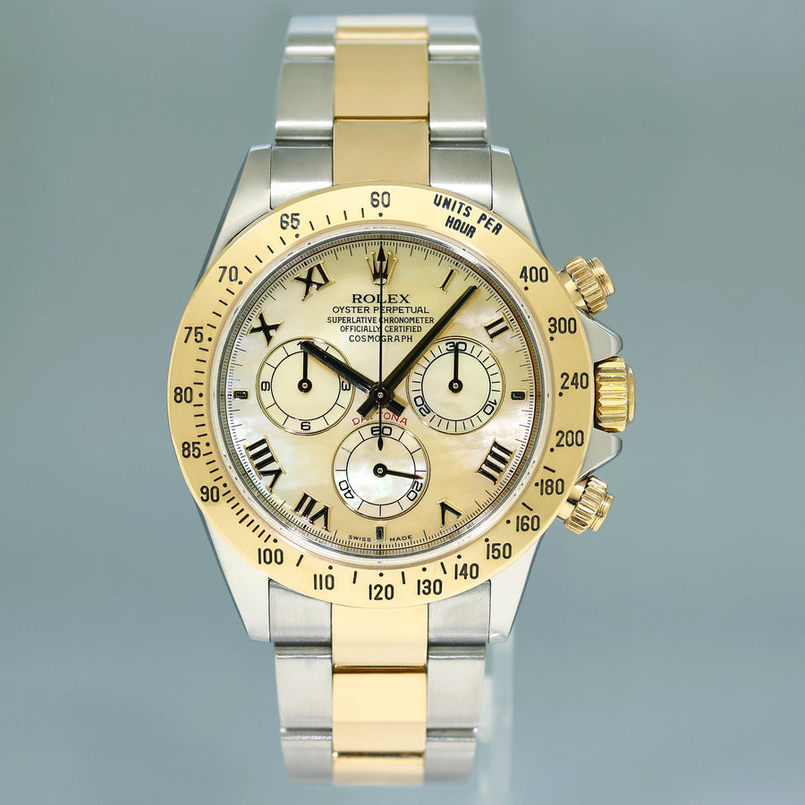 MINT Rolex Daytona 116523 Champagne Mother of Pearl Yellow Gold Two Tone Watch