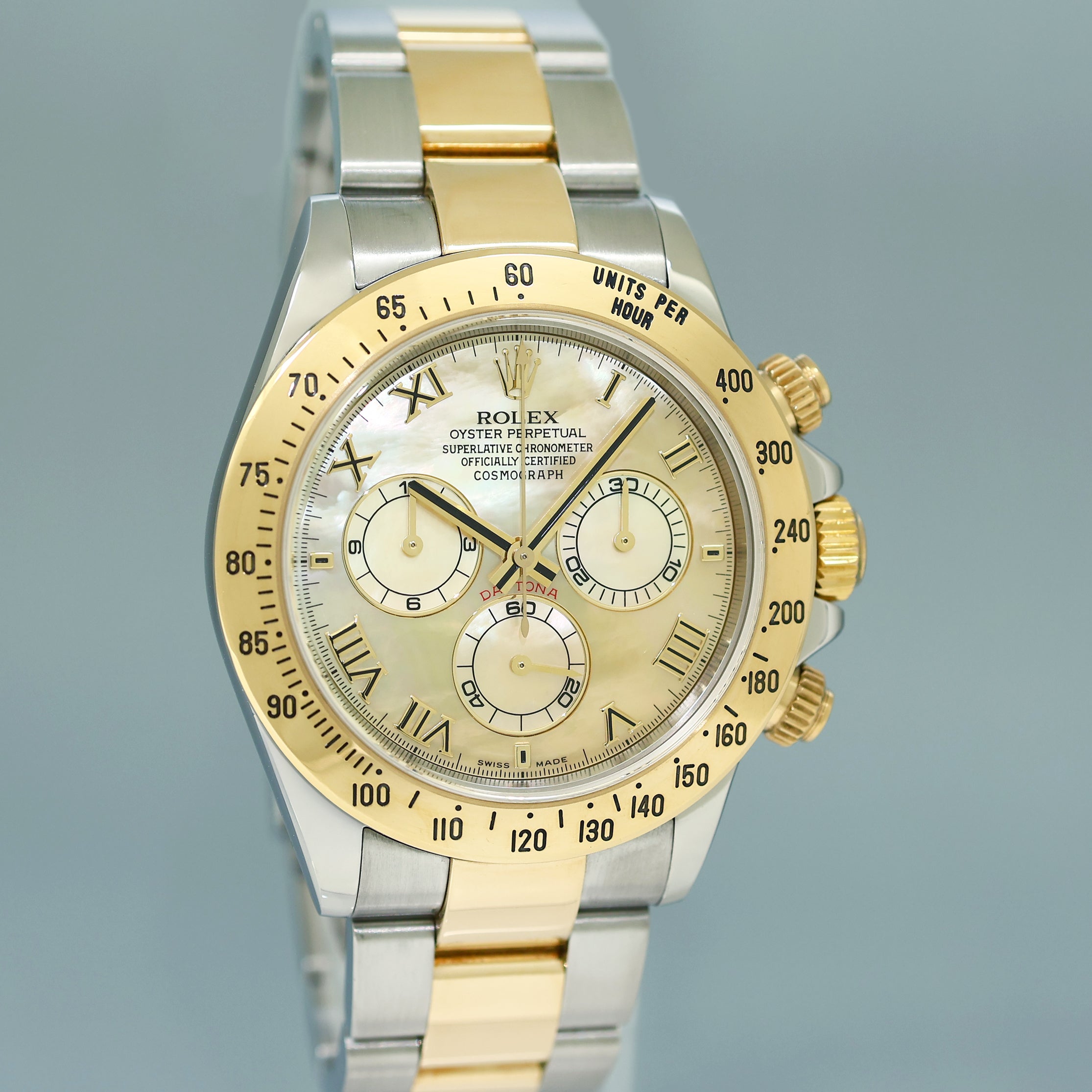 MINT Rolex Daytona 116523 Champagne Mother of Pearl Yellow Gold Two Tone Watch