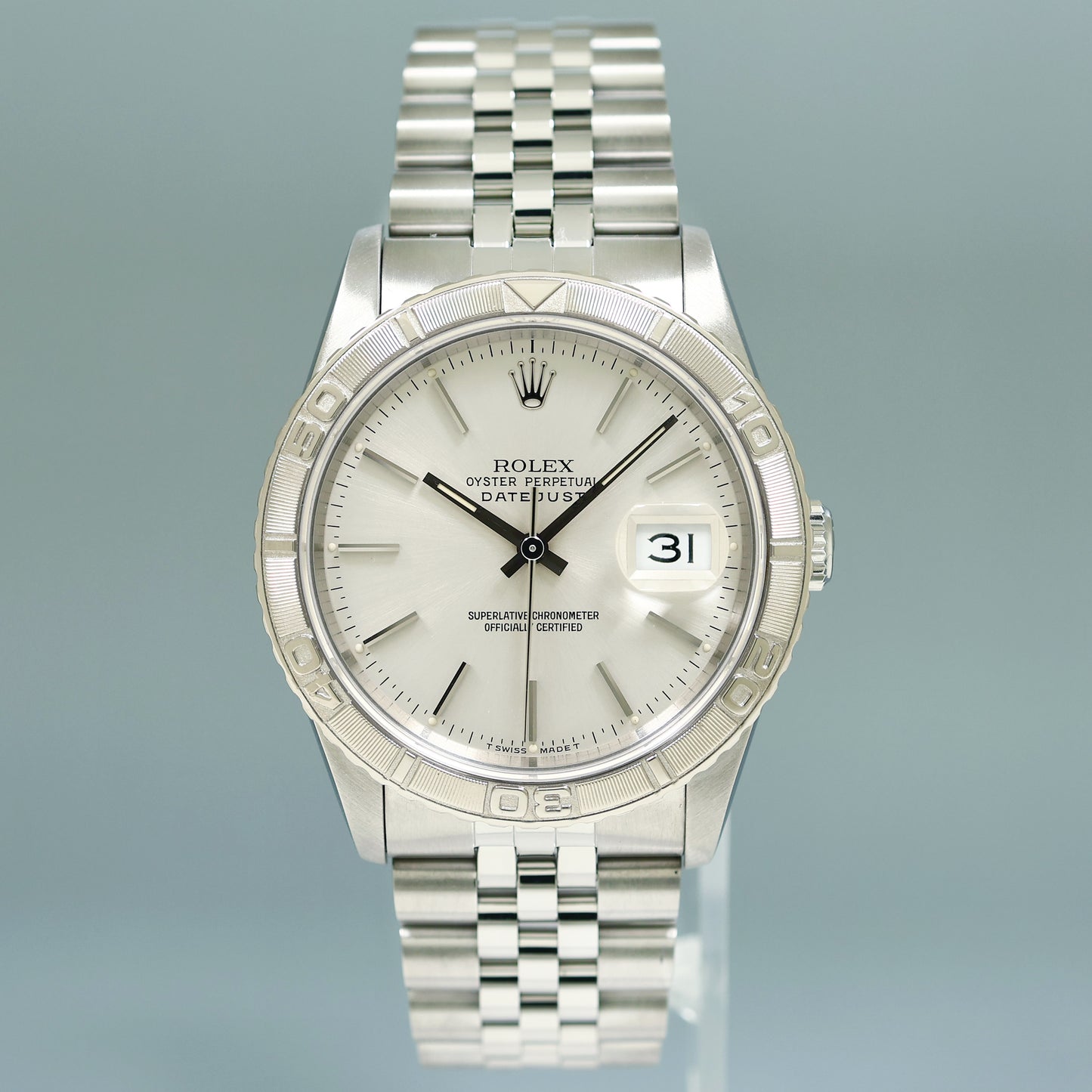 MINT Rolex DateJust 16264 Turn-O-Graph Silver Stick Jubilee White Gold 36mm Watch Box