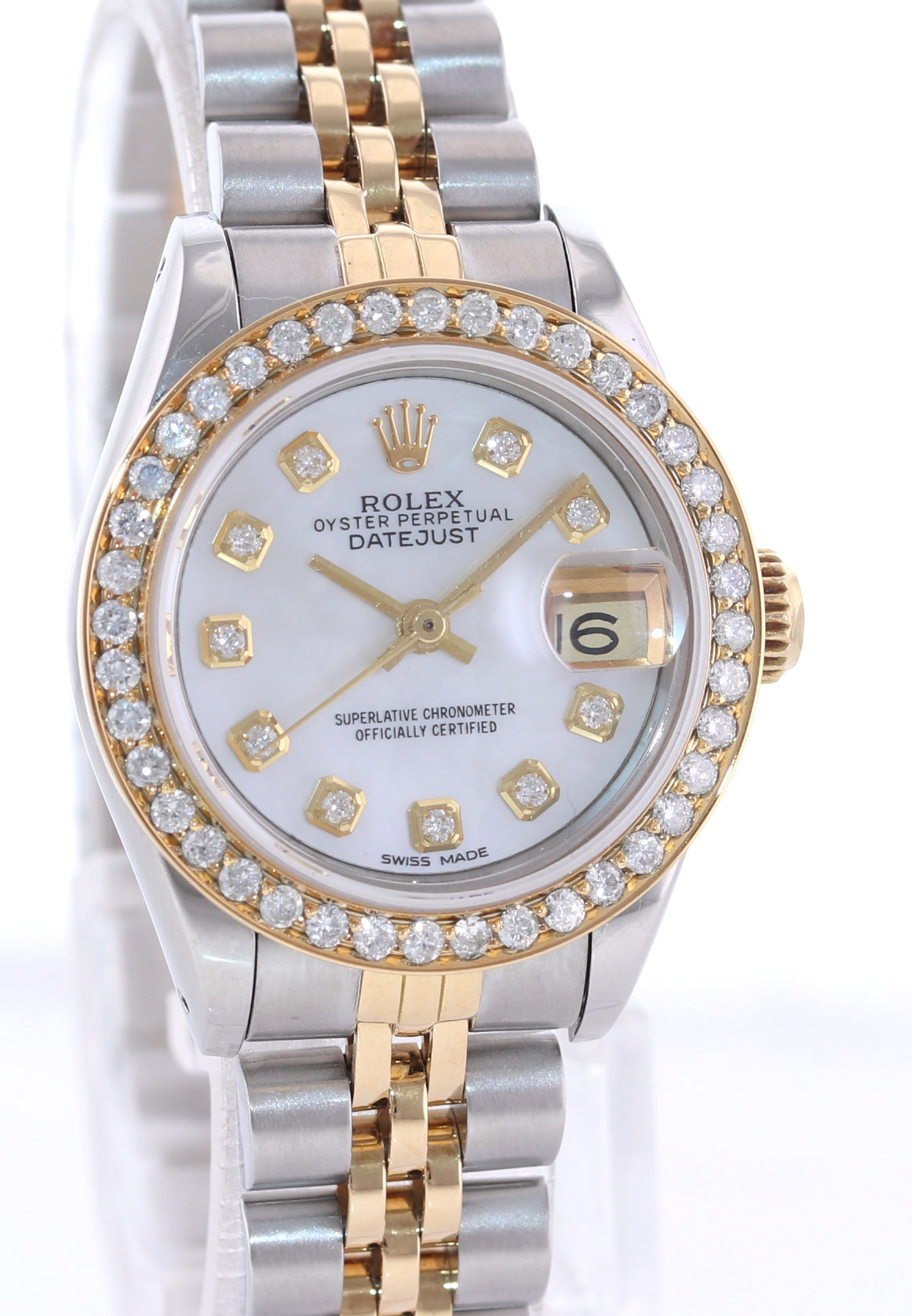 Damond Ladies Rolex DateJust 26mm 69173 Two Tone 18k Gold Steel Mother of Pearl Watch