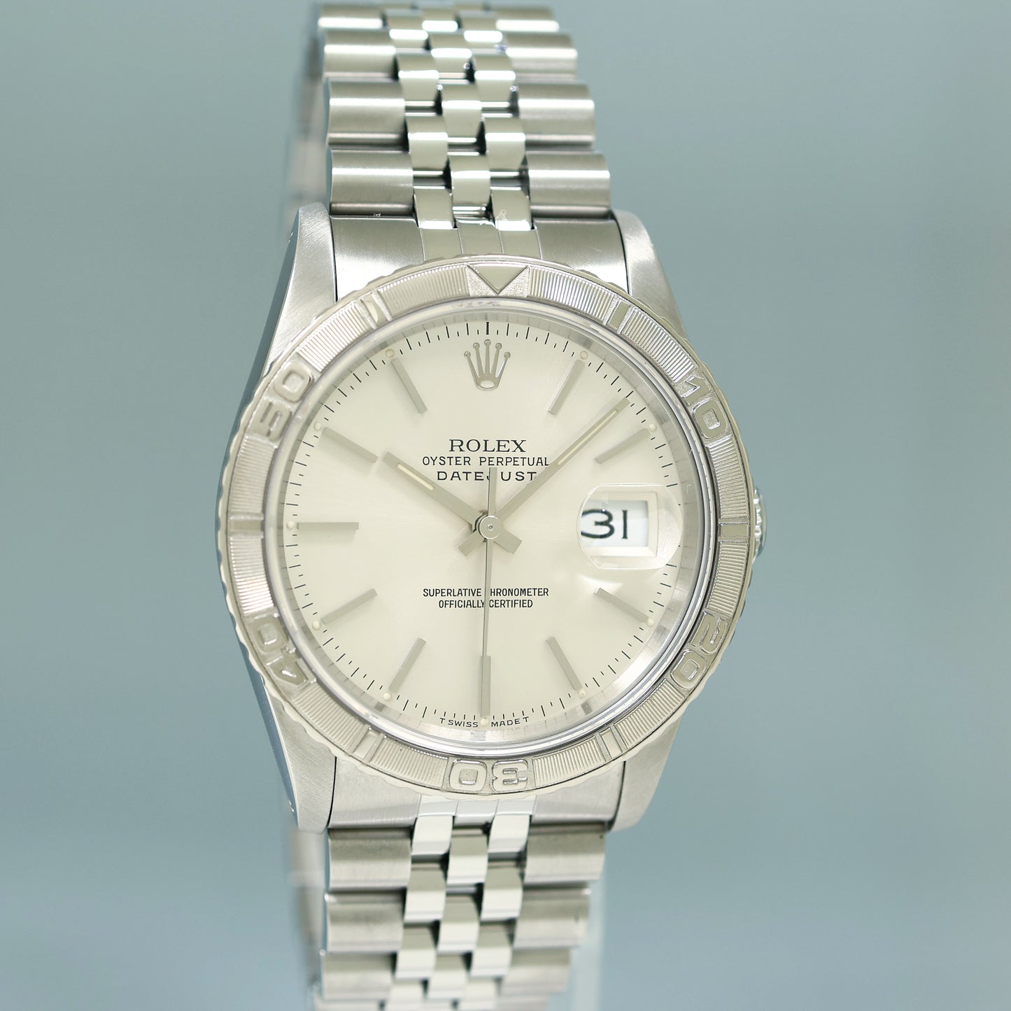 MINT Rolex DateJust 16264 Turn-O-Graph Silver Stick Jubilee White Gold 36mm Watch Box