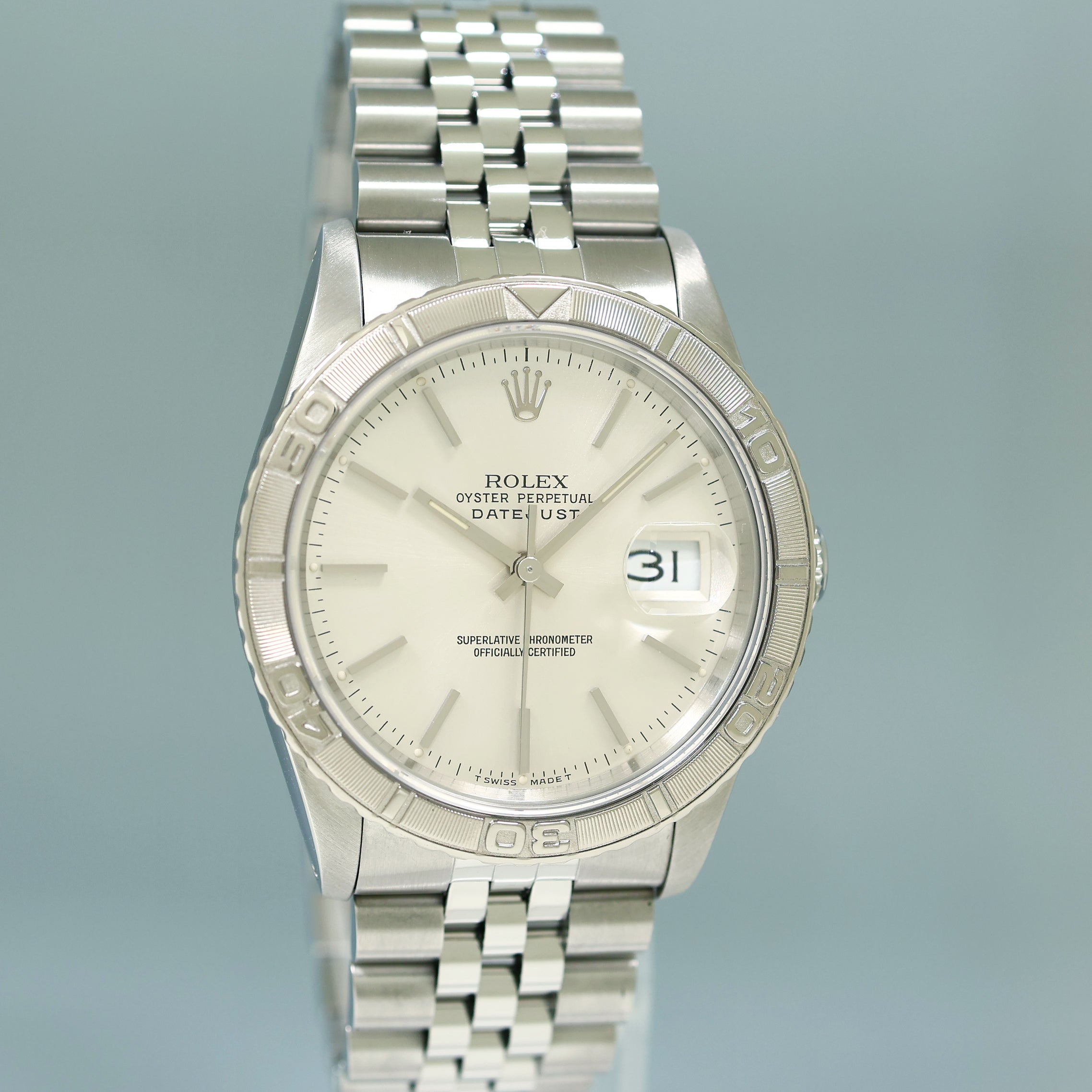 MINT Rolex DateJust 16264 Turn-O-Graph Silver Stick Jubilee White Gold 36mm Watch Box