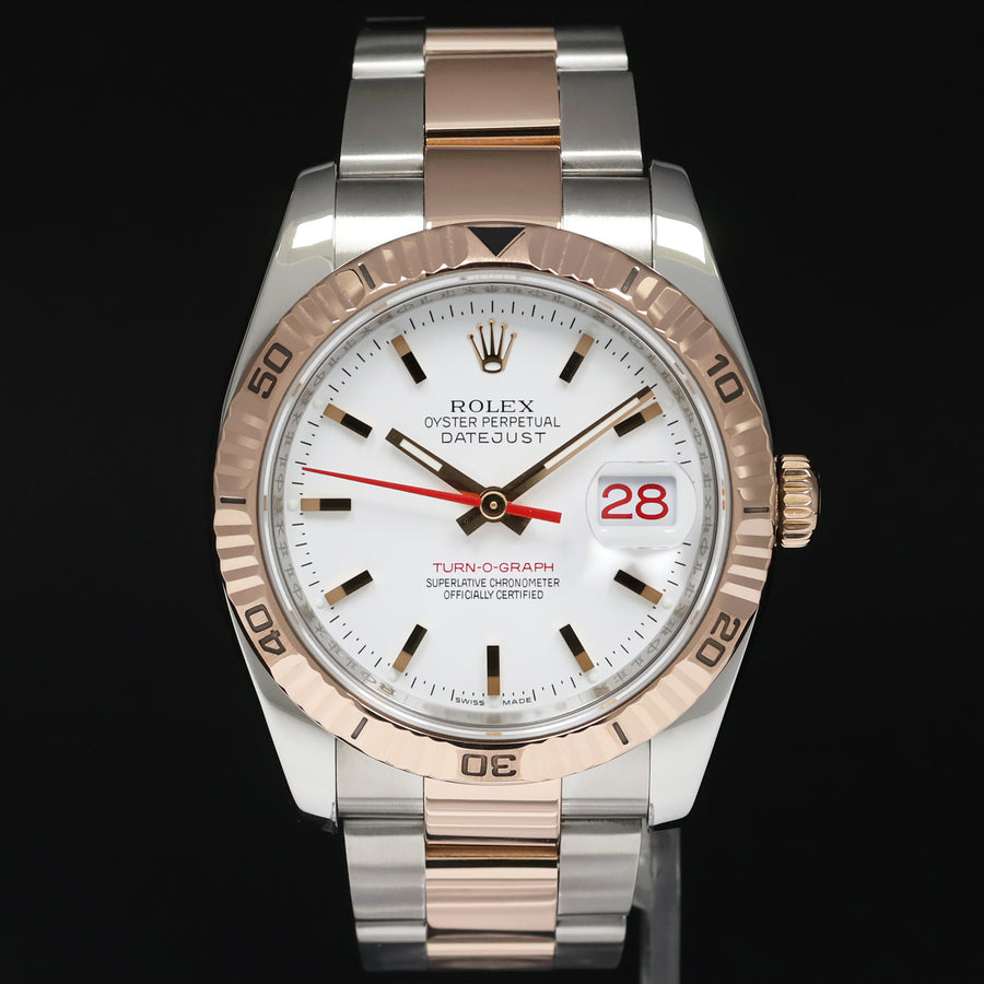 2004 Rolex DateJust 36mm Turn-O-Graph 116261 Rose Gold Two Tone Steel White Dial Watch