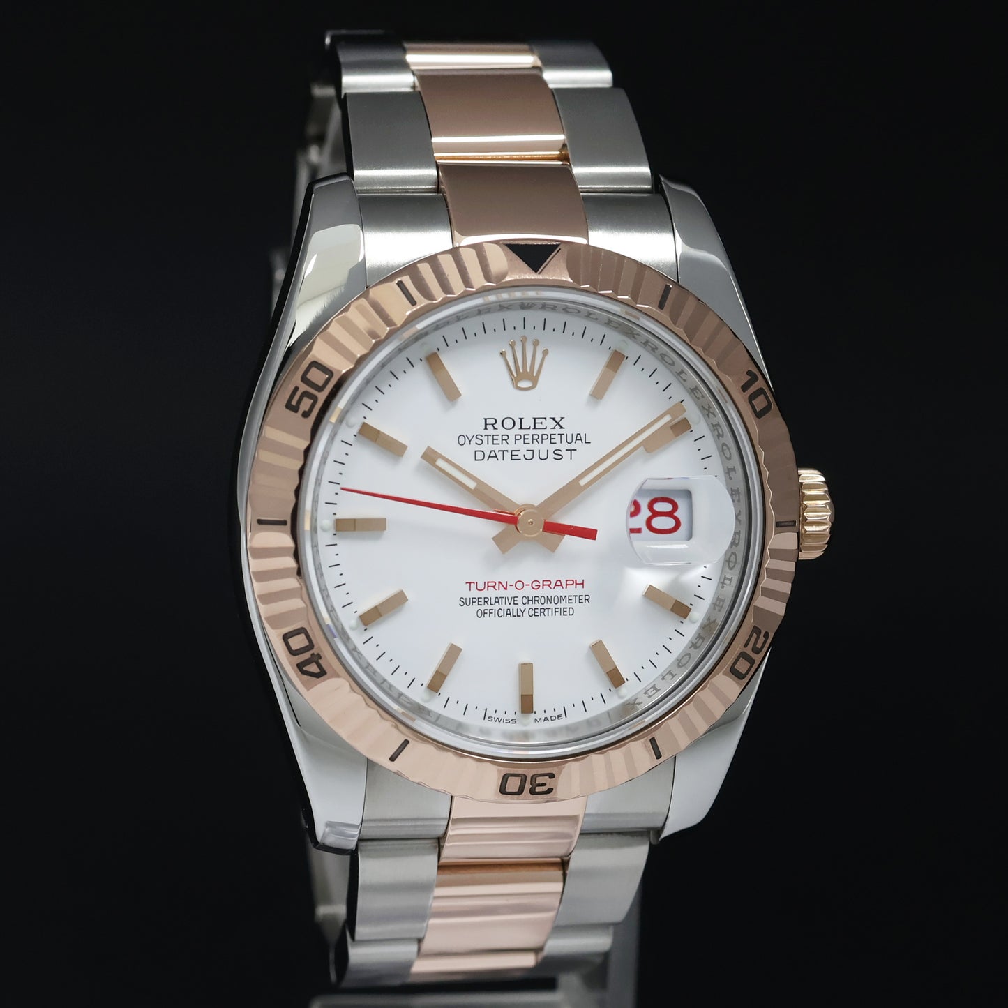 2004 Rolex DateJust 36mm Turn-O-Graph 116261 Rose Gold Two Tone Steel White Dial Watch