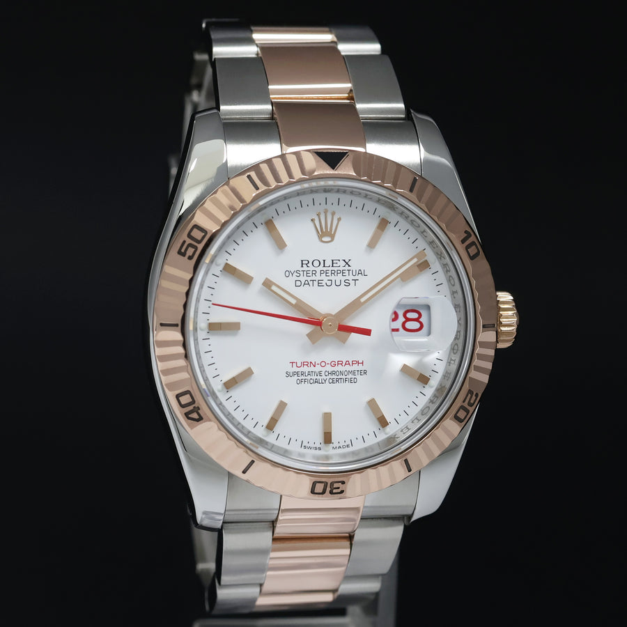 2004 Rolex DateJust 36mm Turn-O-Graph 116261 Rose Gold Two Tone Steel White Dial Watch