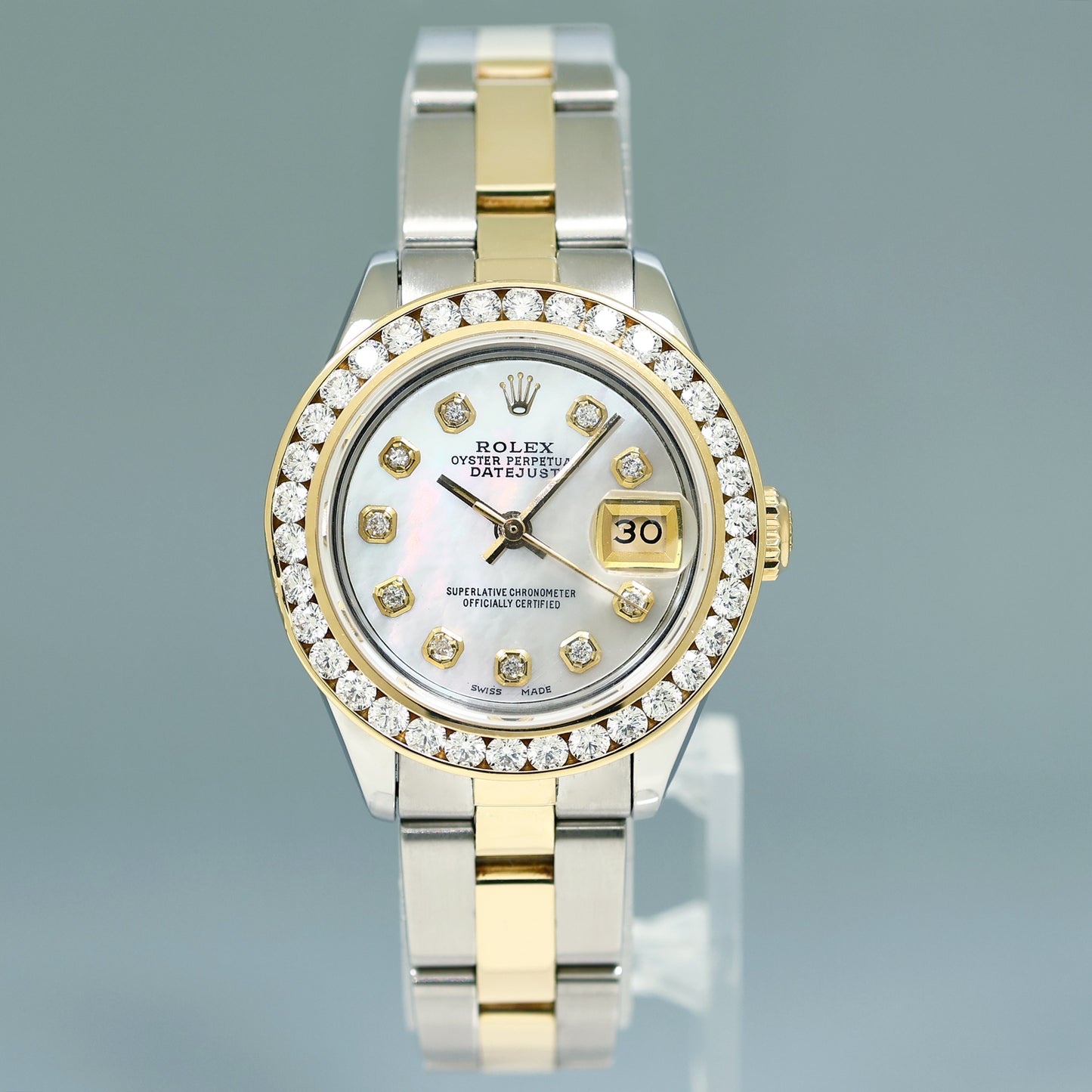 Diamond Ladies Rolex DateJust 26mm 6917 Two Tone Gold Steel Mother of Pearl Watch