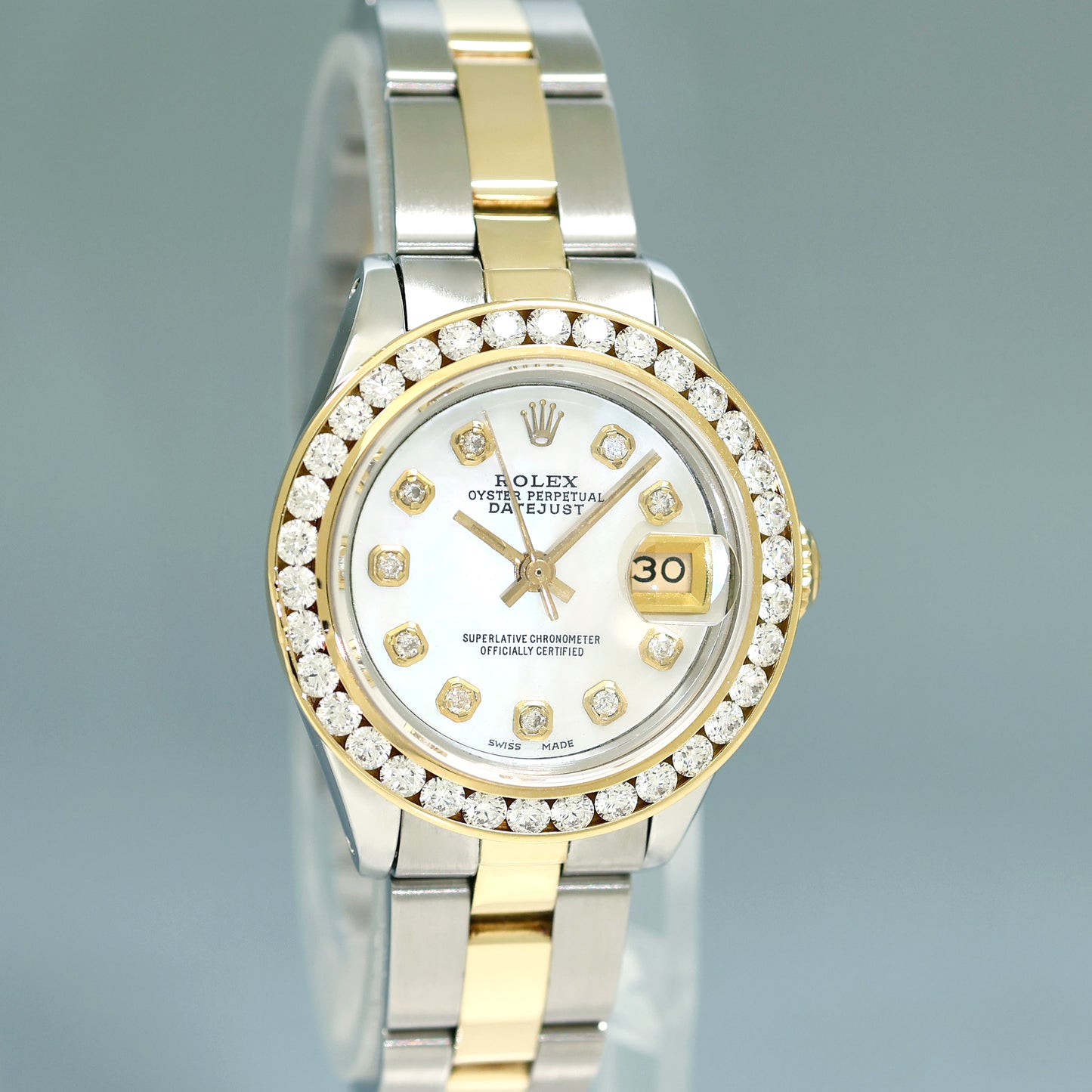 Diamond Ladies Rolex DateJust 26mm 6917 Two Tone Gold Steel Mother of Pearl Watch