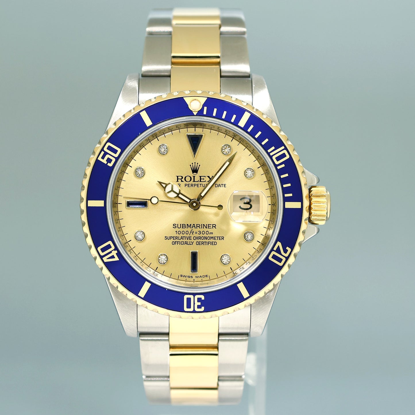 MINT 2008 Rolex Gold Buckle Rolex Submariner 16613 Two Tone Blue Serti Diamond Watch