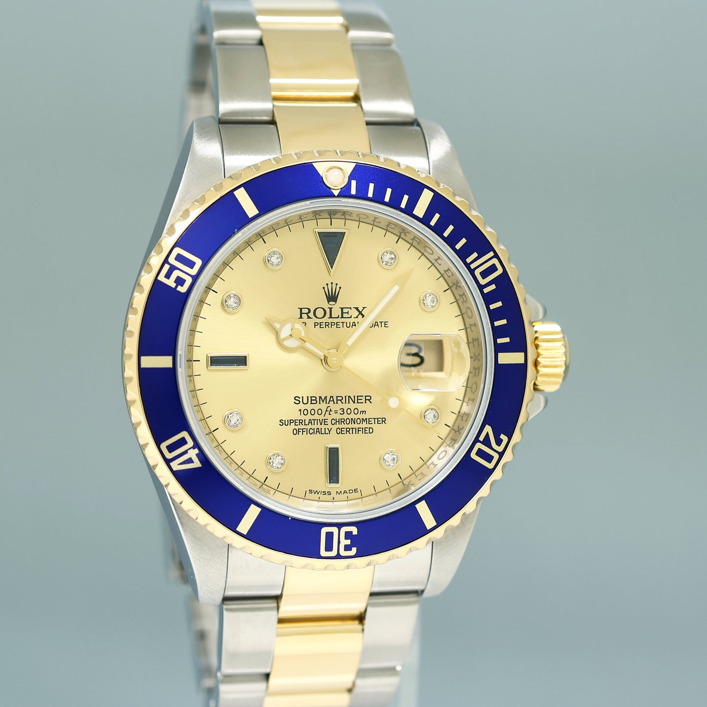 MINT 2008 Rolex Gold Buckle Rolex Submariner 16613 Two Tone Blue Serti Diamond Watch
