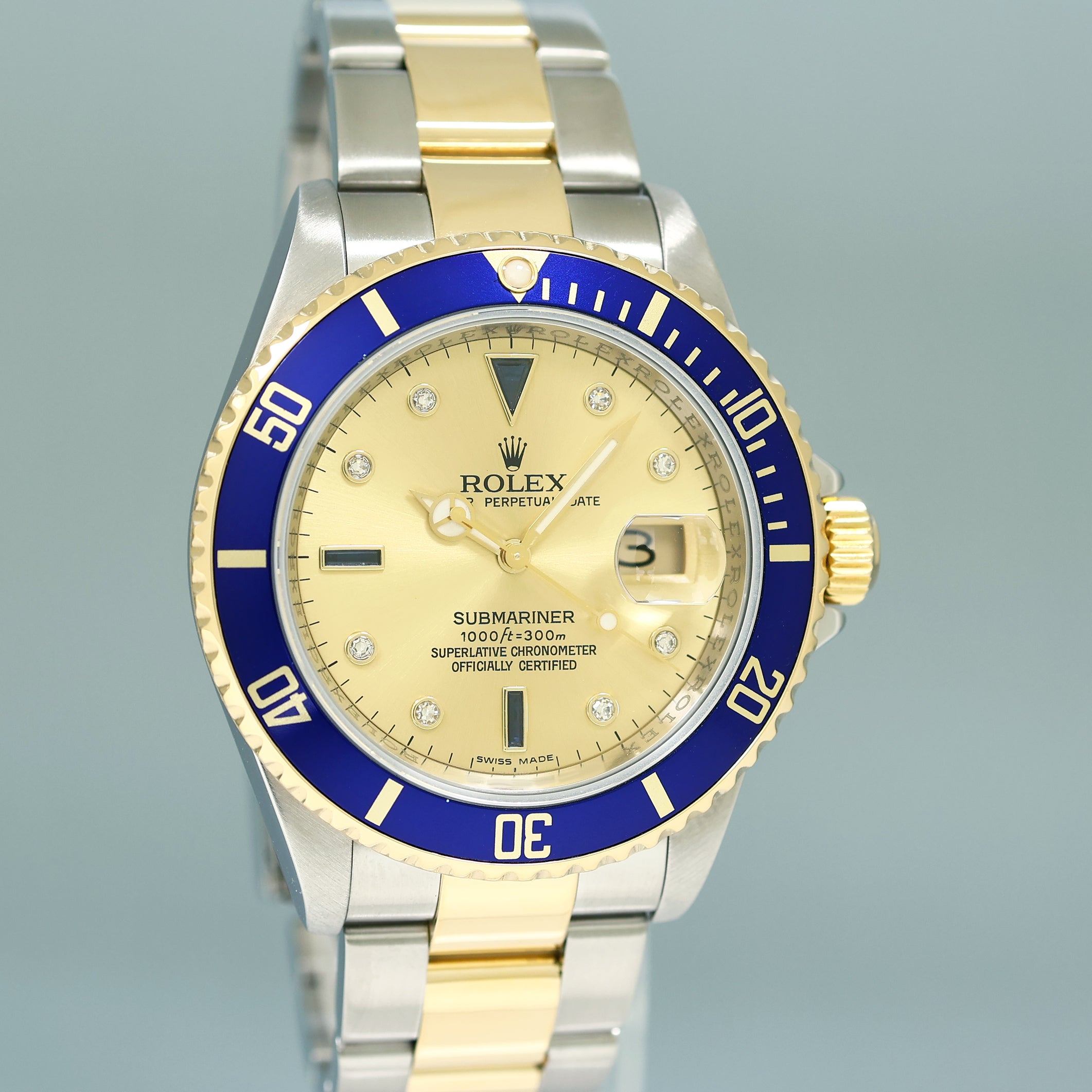 MINT 2008 Rolex Gold Buckle Rolex Submariner 16613 Two Tone Blue Serti Diamond Watch