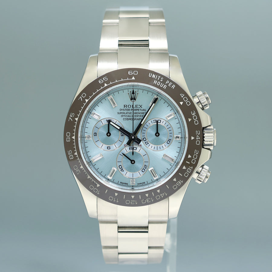 MINT 2018 PAPERS Rolex Daytona 116506 Platinum Glacier Blue Diamond Baguette Watch