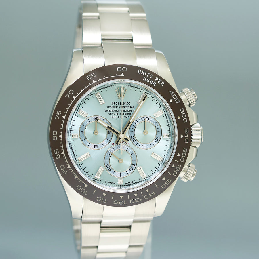 MINT 2018 PAPERS Rolex Daytona 116506 Platinum Glacier Blue Diamond Baguette Watch