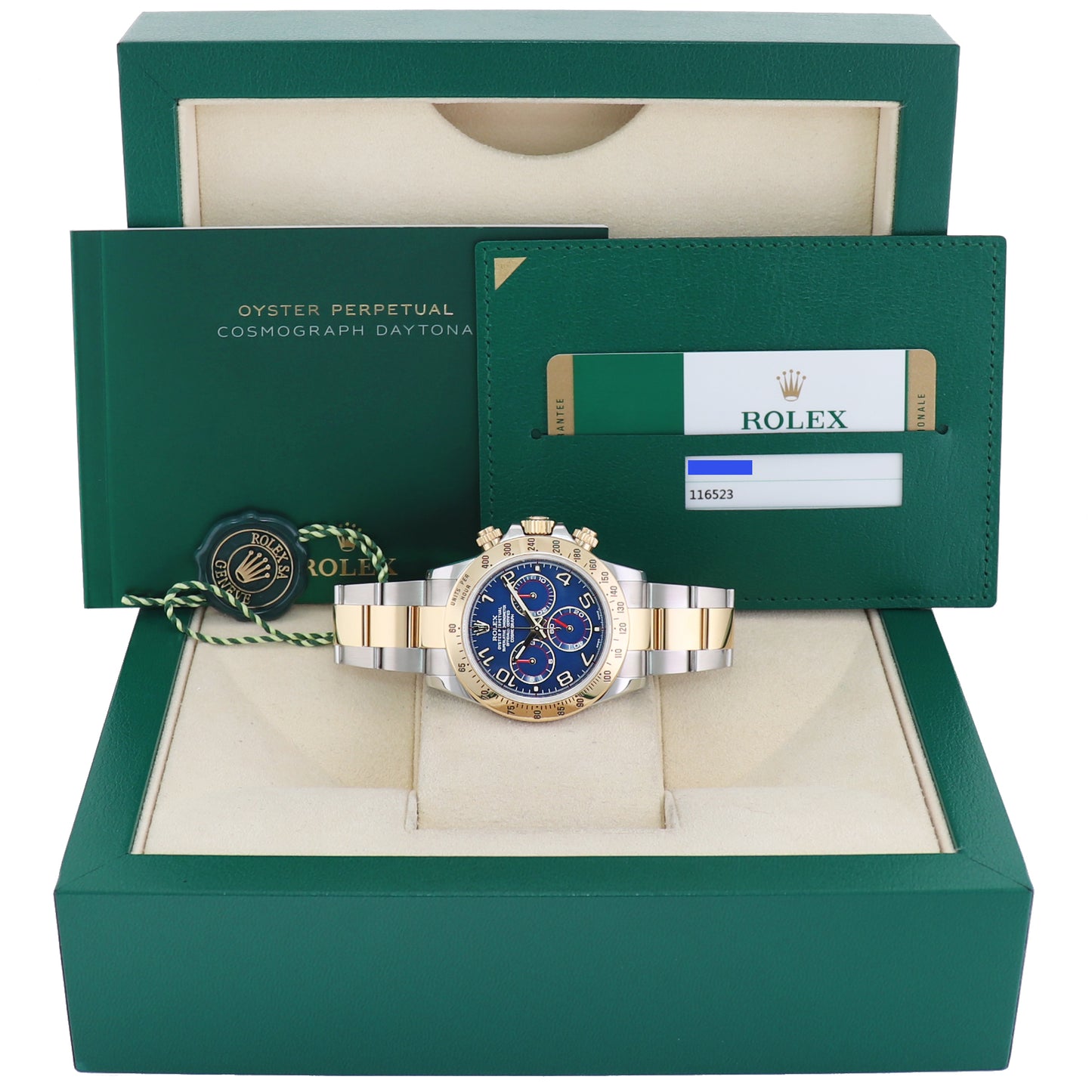 MINT PAPERS 2014 Rolex Daytona 116523 Blue Arabic Red Steel Yellow Gold Two Tone Watch