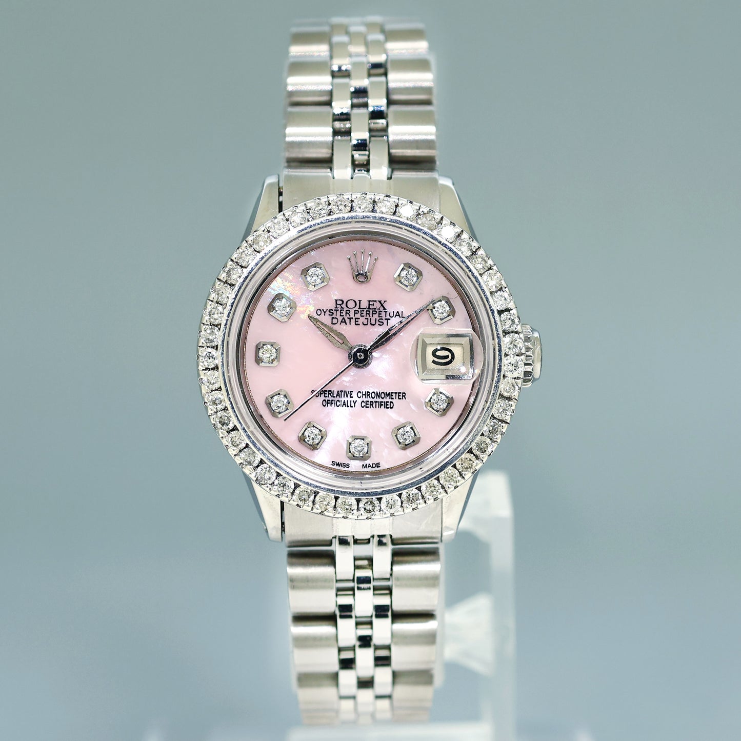 Mother of Pearl DIAMOND Ladies Rolex Date 6517 Steel White Gold 26mm Jubilee Watch Box