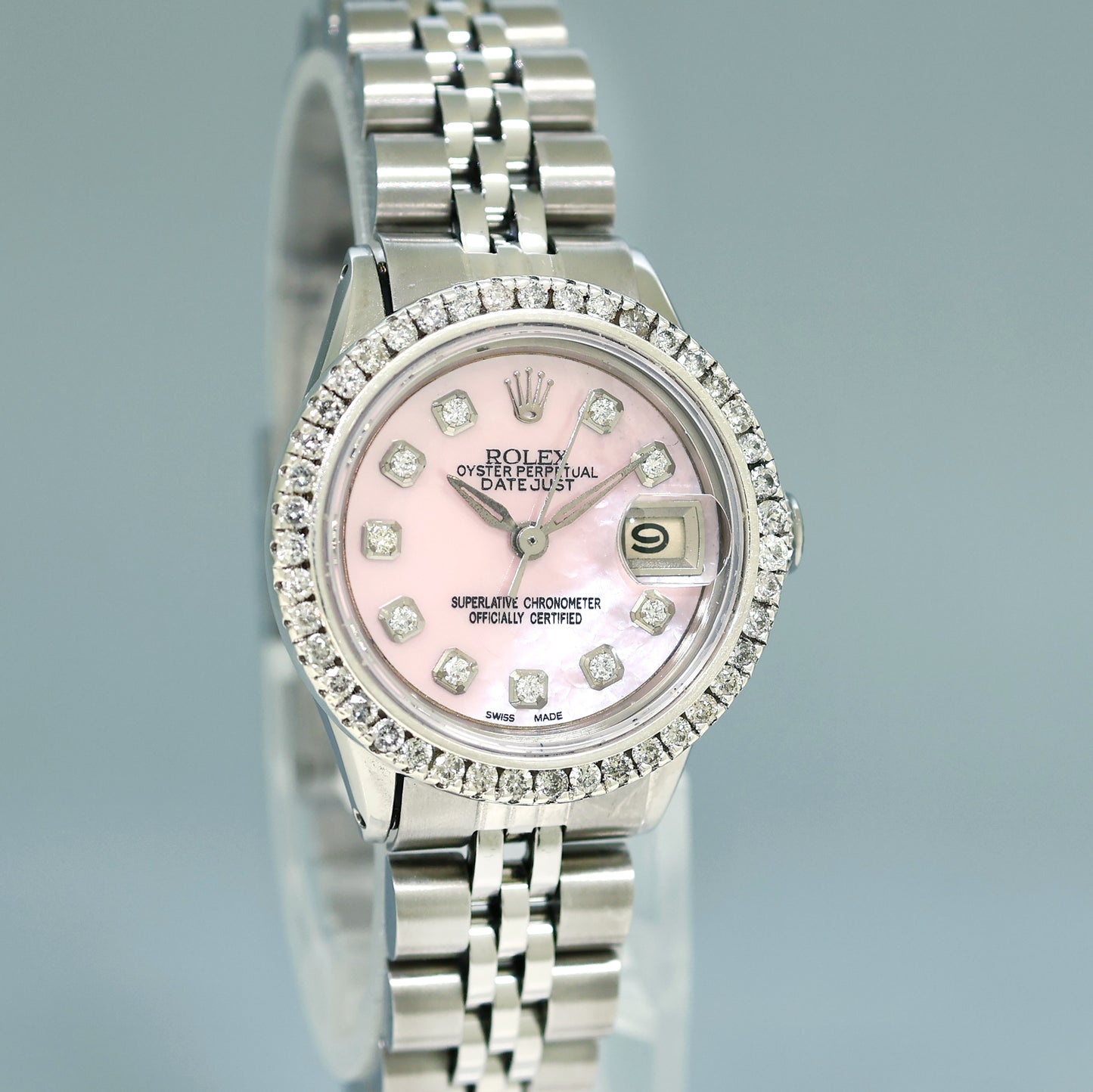 Mother of Pearl DIAMOND Ladies Rolex Date 6517 Steel White Gold 26mm Jubilee Watch Box