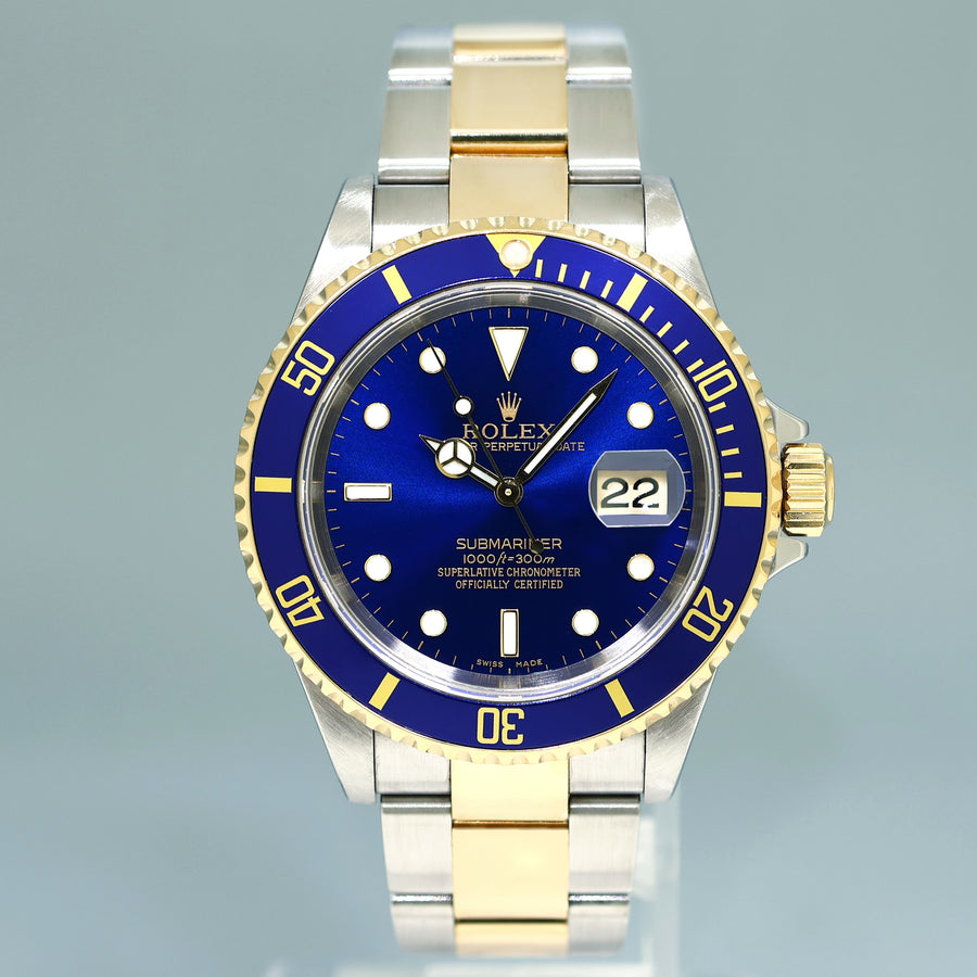 MINT 2004 Rolex Submariner 16613 LB Gold Steel Two Tone Gold 40mm Sunburst Blue Watch