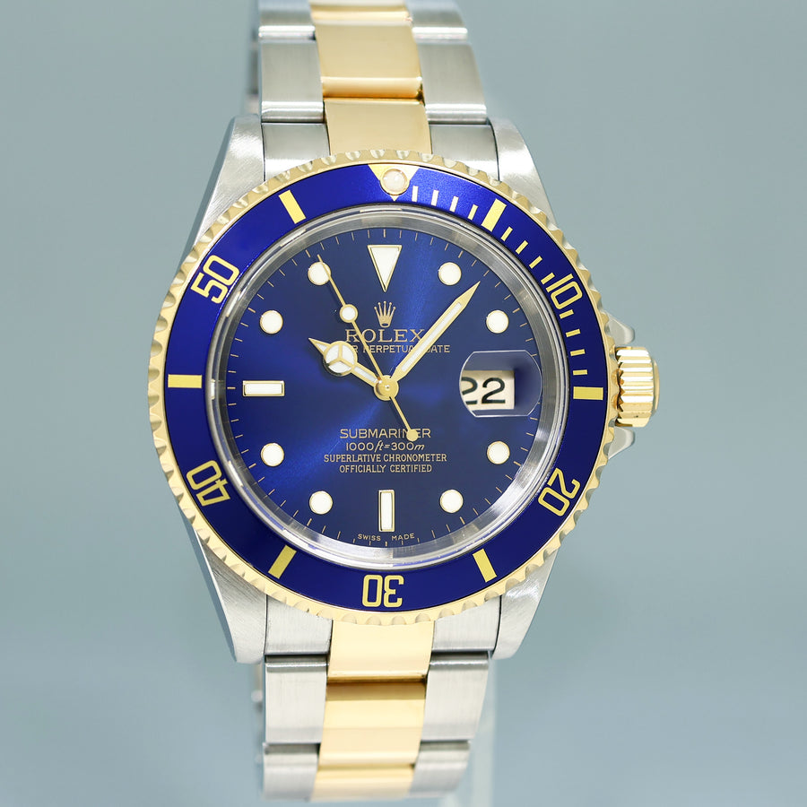 MINT 2004 Rolex Submariner 16613 LB Gold Steel Two Tone Gold 40mm Sunburst Blue Watch