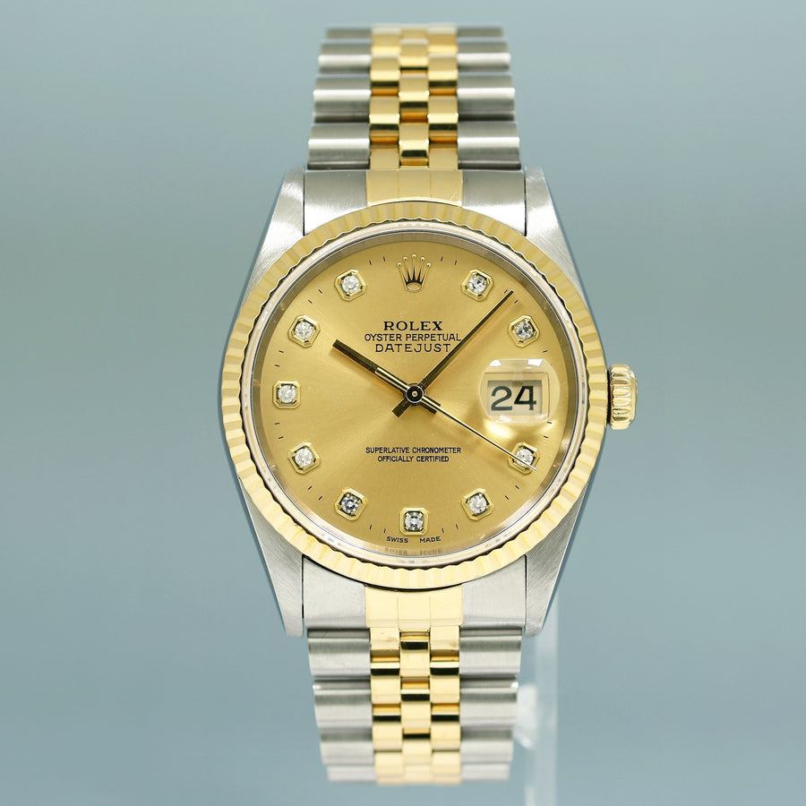 MINT Rolex DateJust 16233 Two Tone Yellow Gold Jubilee Champagne Diamond Watch