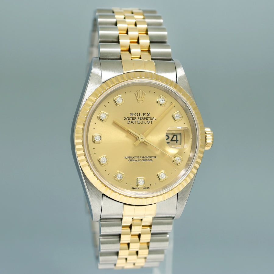 MINT Rolex DateJust 16233 Two Tone Yellow Gold Jubilee Champagne Diamond Watch