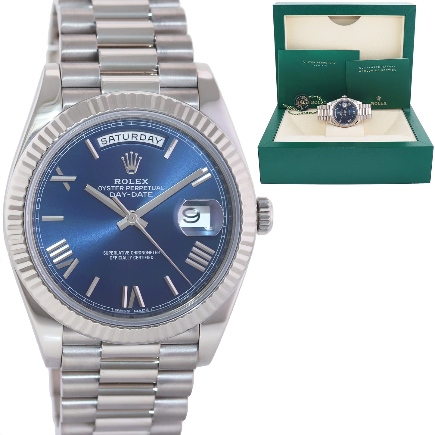MINT 2020 Rolex Day Date 40mm White Gold President Blue Roman 228239 Watch Box