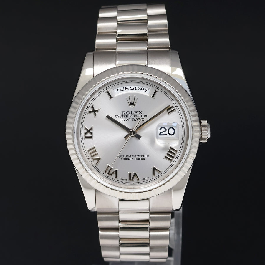 MINT Rolex President Day Date Rhodium Roman 118239 White Gold 36mm Watch Box