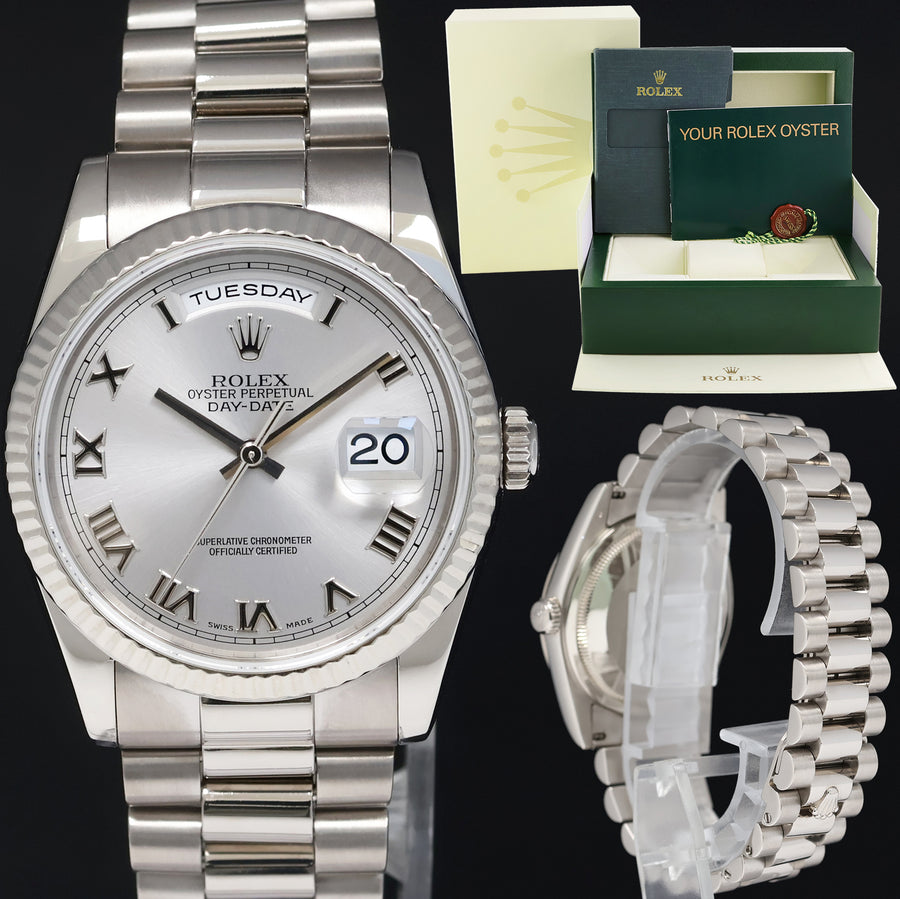 MINT Rolex President Day Date Rhodium Roman 118239 White Gold 36mm Watch Box