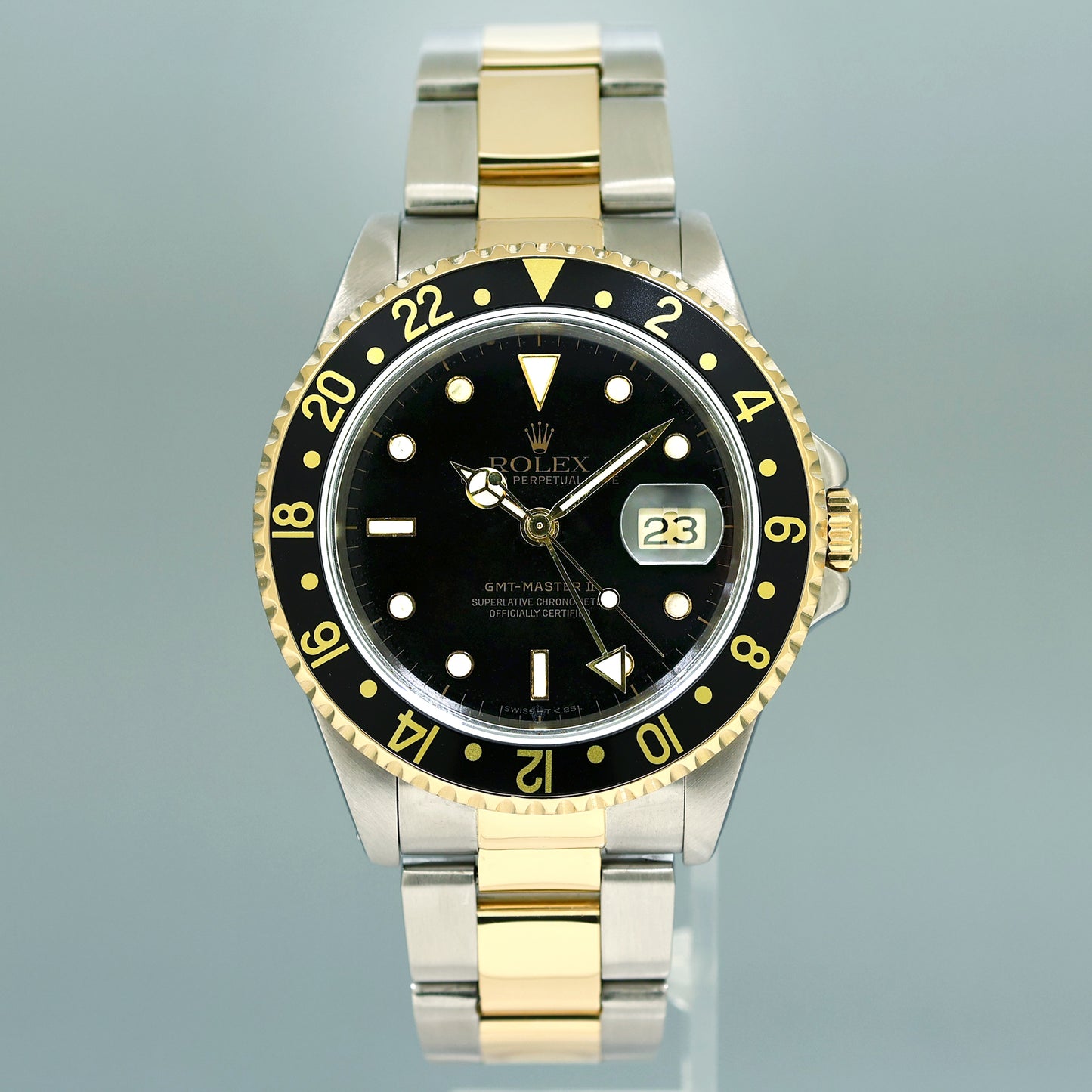 MINT Rolex GMT-Master II 16713 Black Two-Tone Yellow Gold and Steel Oyster Watch Box