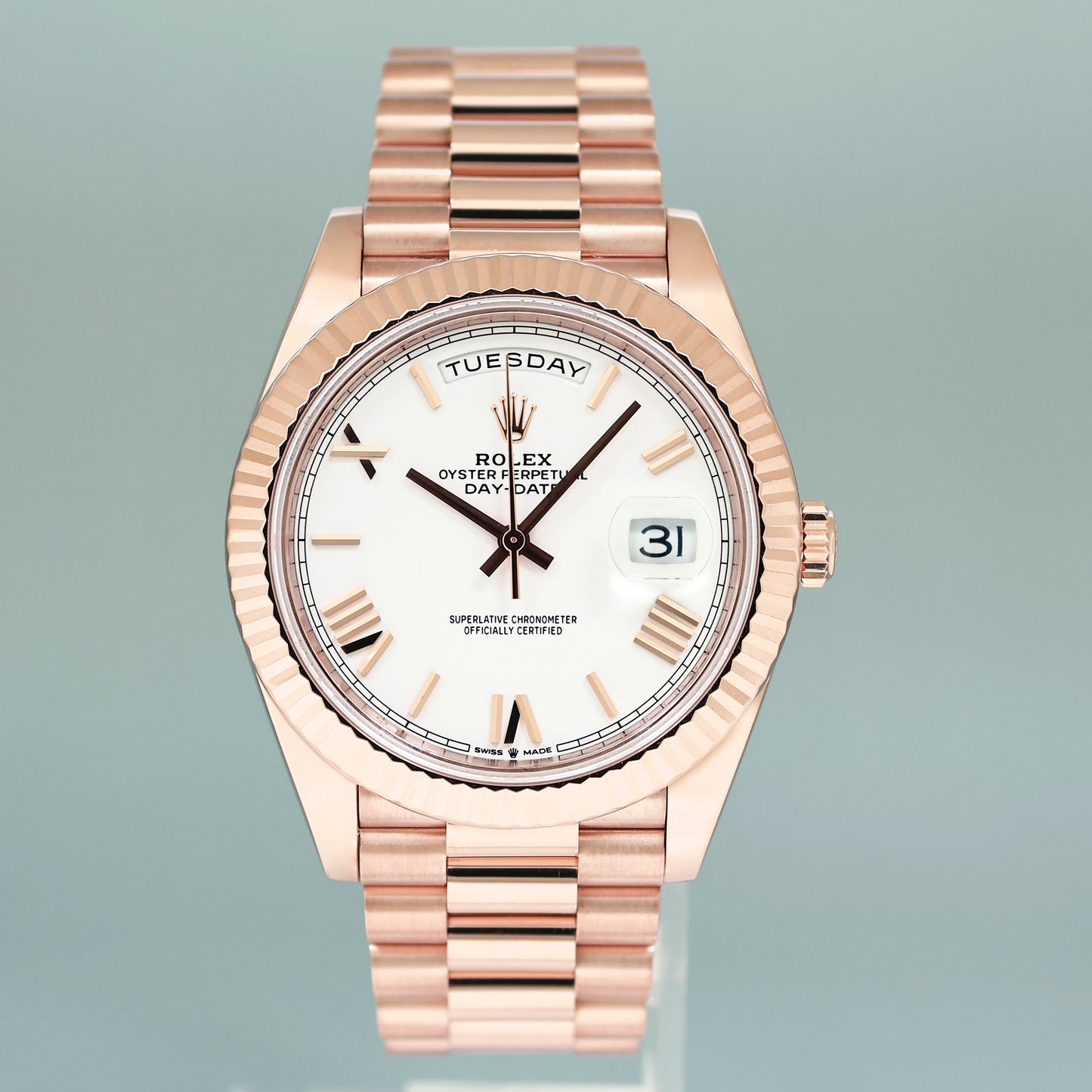 2023 MINT Rolex President 40mm Rose Gold White Roman 228235 Watch Box