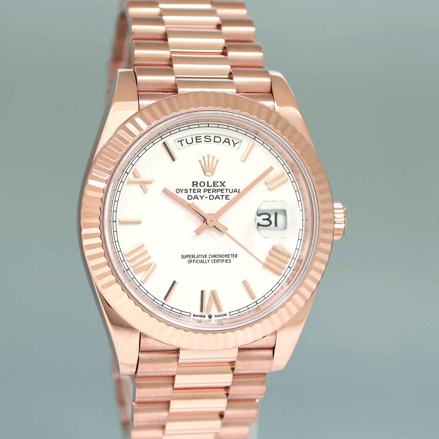 2023 MINT Rolex President 40mm Rose Gold White Roman 228235 Watch Box