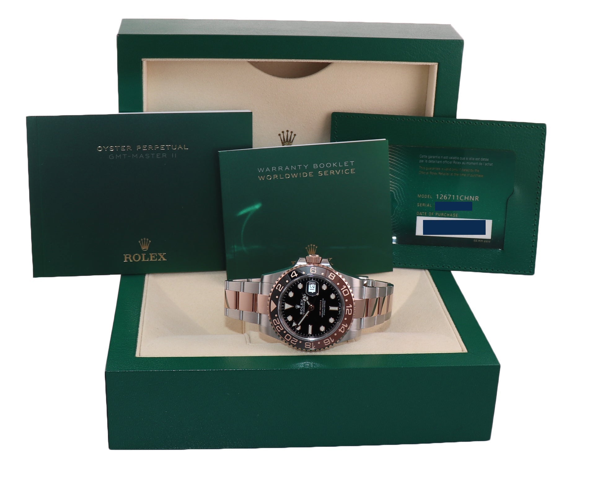 2022 NEW PAPERS Rolex GMT Master 2 II Root Beer Rose Gold 126711 CHNR Watch Box