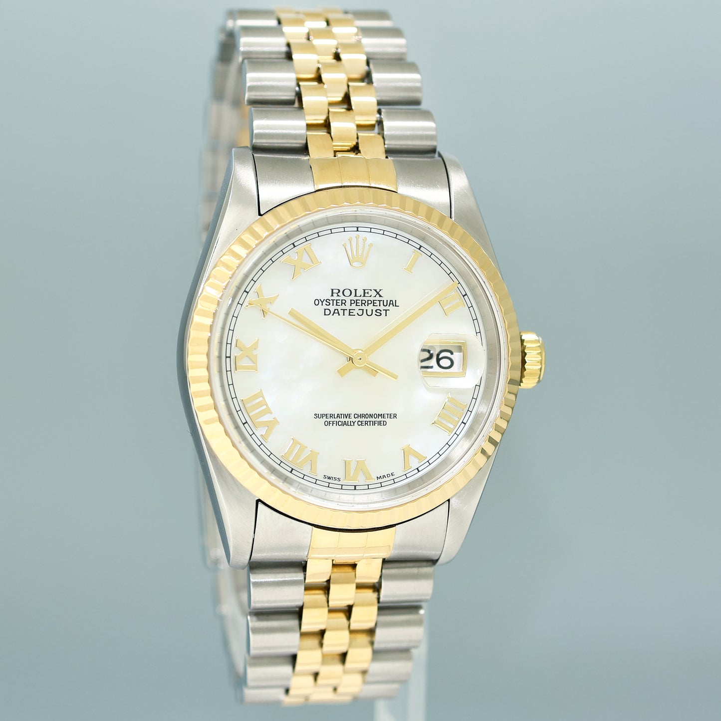 MINT Rolex DateJust 36mm Mother of Pearl Roman 16233 Two Tone Steel Jubilee Watch Box