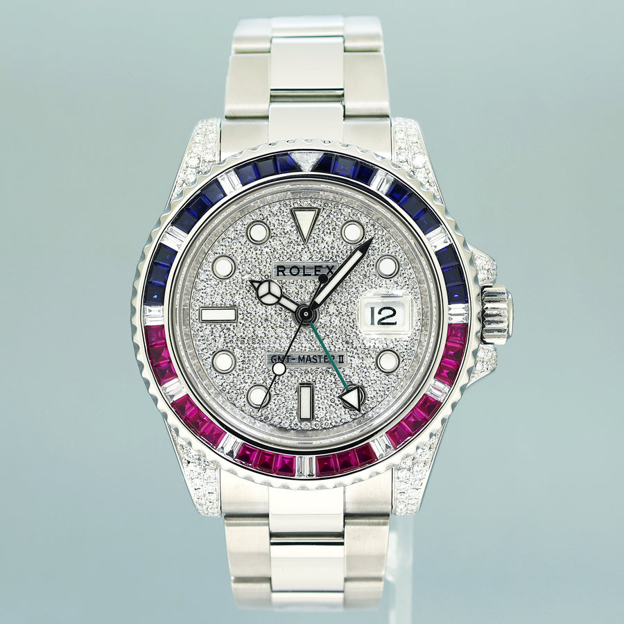 MINT Pave Diamond Ruby & Sapphire Rolex GMT Master II 116710 Steel Black 40mm Watch