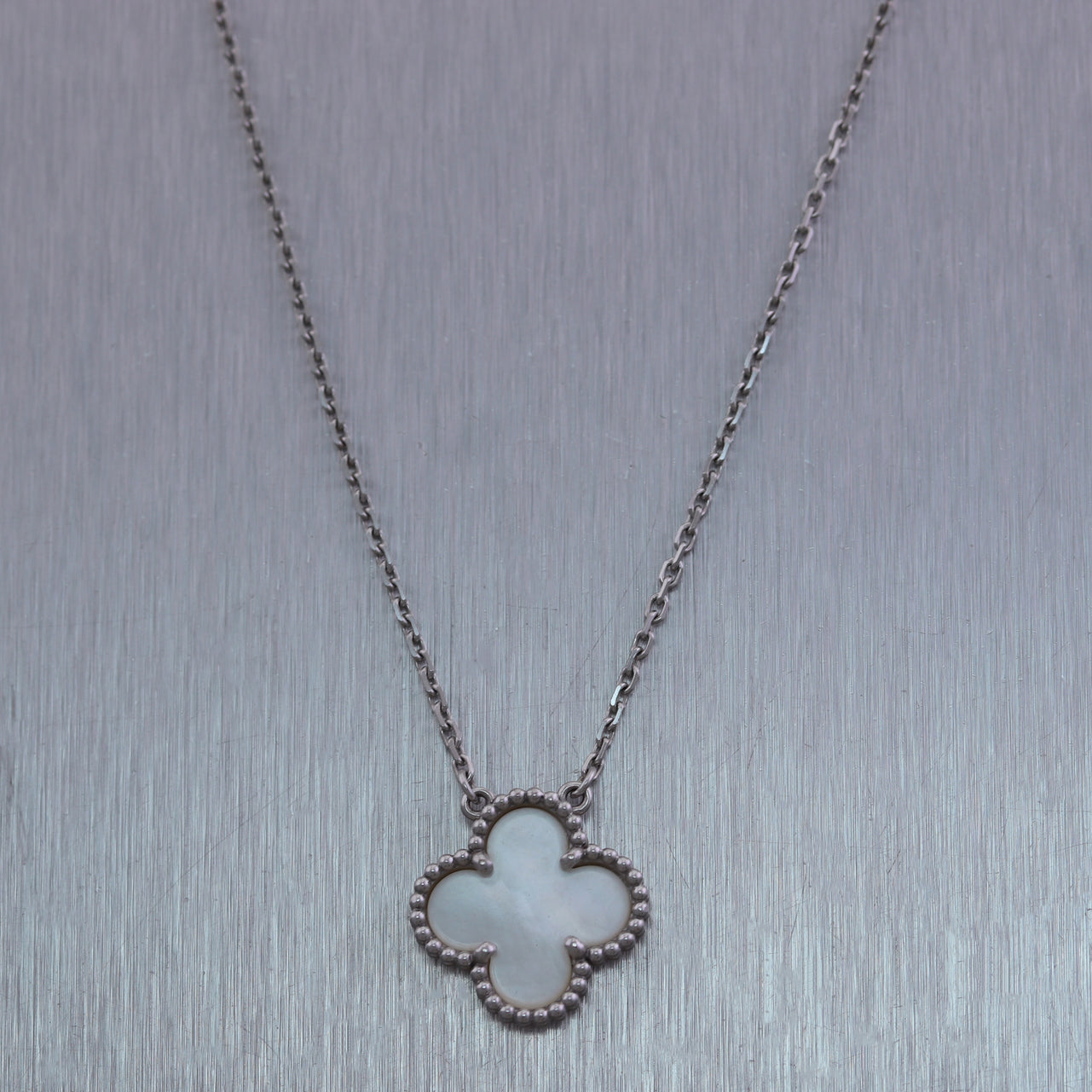 Van Cleef & Arpels 18k White Gold Alhambra Mother of Pearl Pendant 16" Necklace