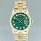 Rolex 36mm President Day Date Green Diamond Bezel 18038 Quick Set Yellow Gold Watch