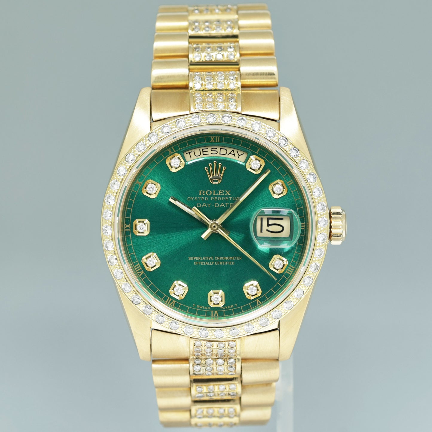 Rolex 36mm President Day Date Green Diamond Bezel 18038 Quick Set Yellow Gold Watch