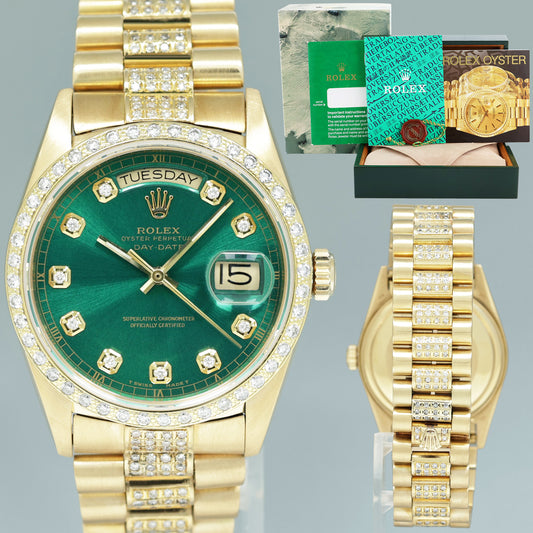 Rolex 36mm President Day Date Green Diamond Bezel 18038 Quick Set Yellow Gold Watch