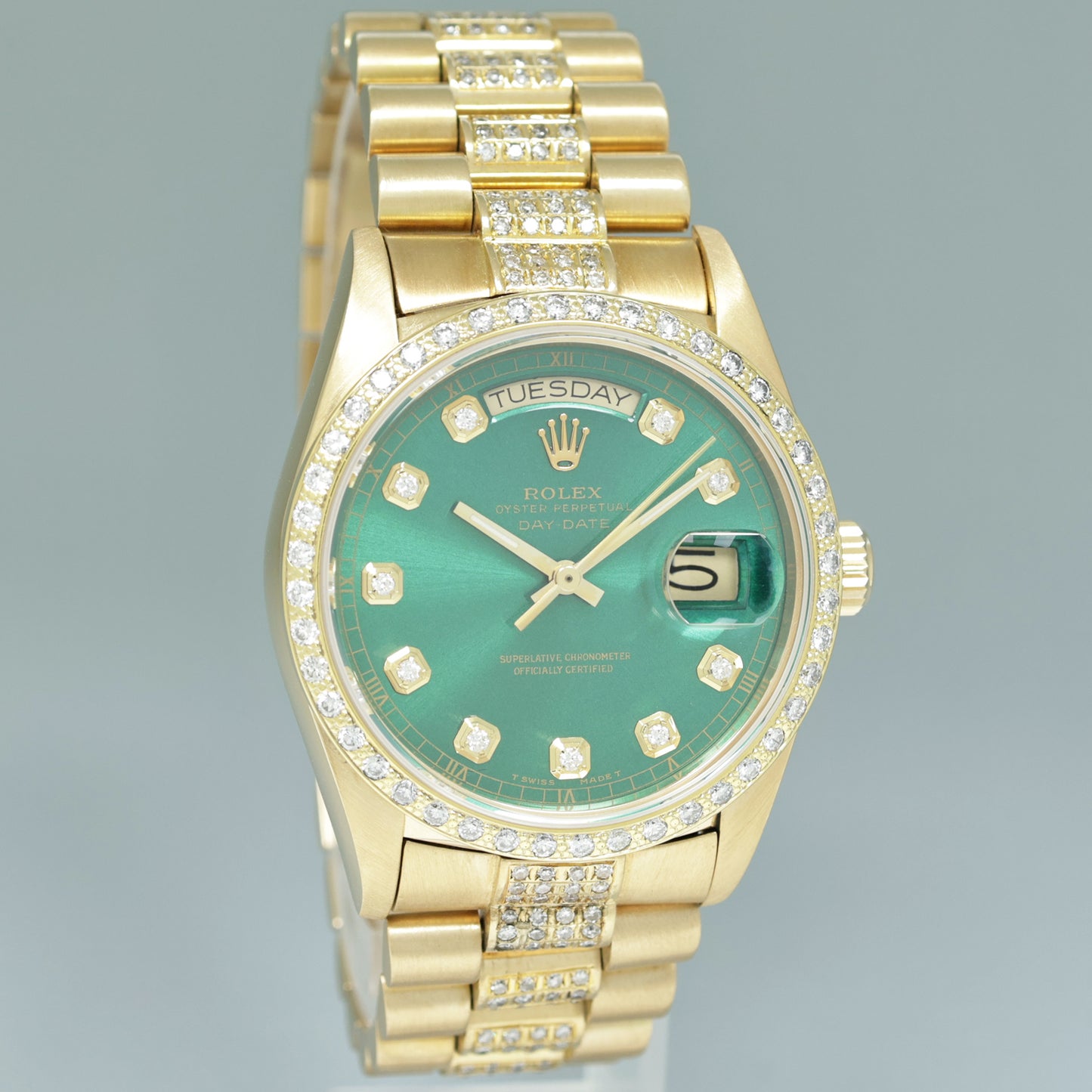 Rolex 36mm President Day Date Green Diamond Bezel 18038 Quick Set Yellow Gold Watch