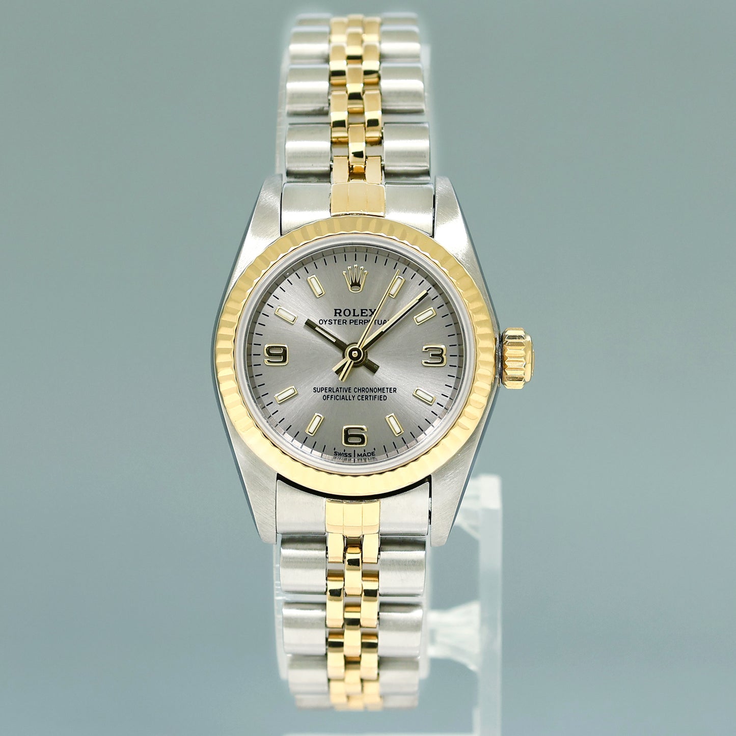 2004 Ladies Rolex Oyster Perpetual 24mm Silver 76193 Two Tone Yellow Gold Jubilee Watch