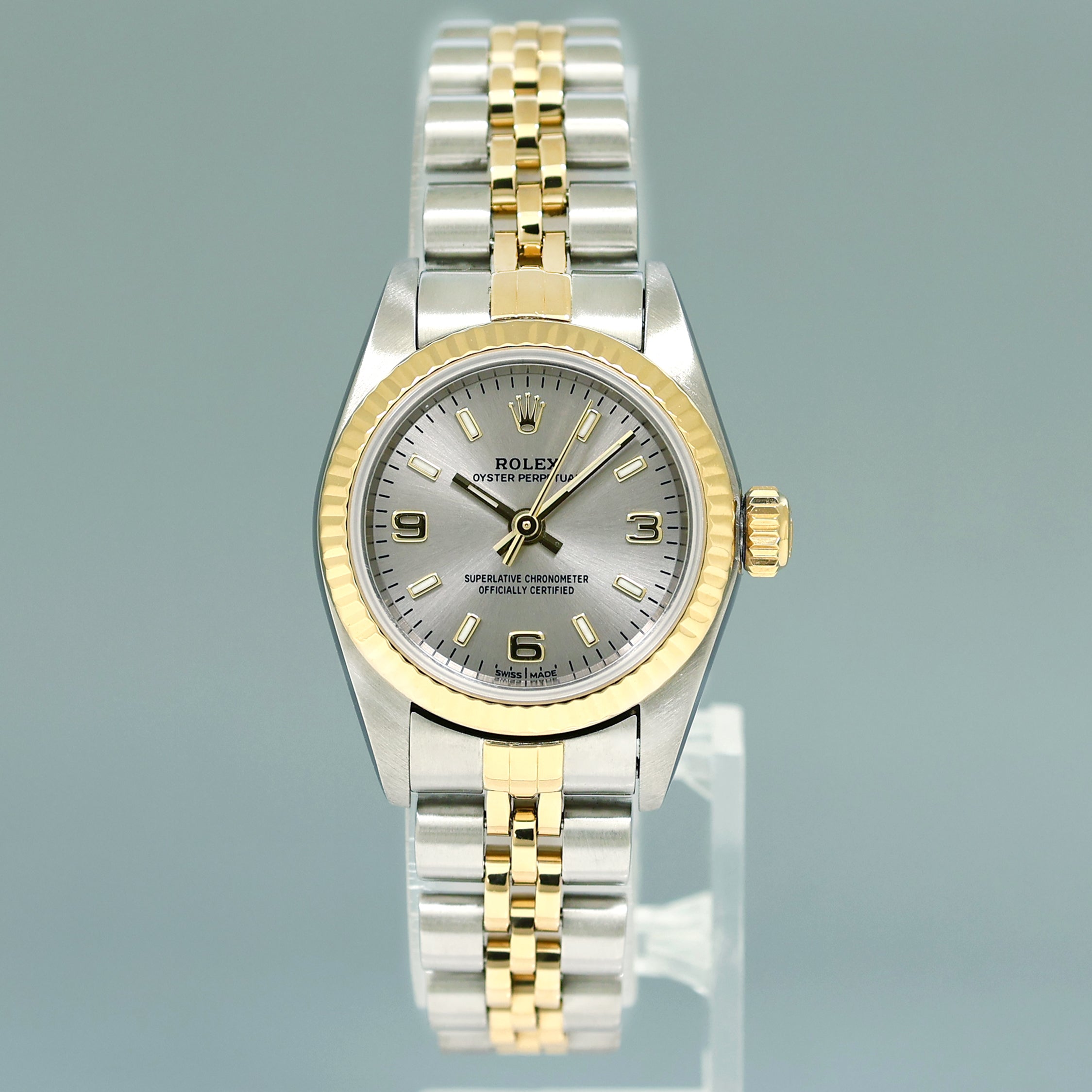 2004 Ladies Rolex Oyster Perpetual 24mm Silver 76193 Two Tone Yellow Gold Jubilee Watch