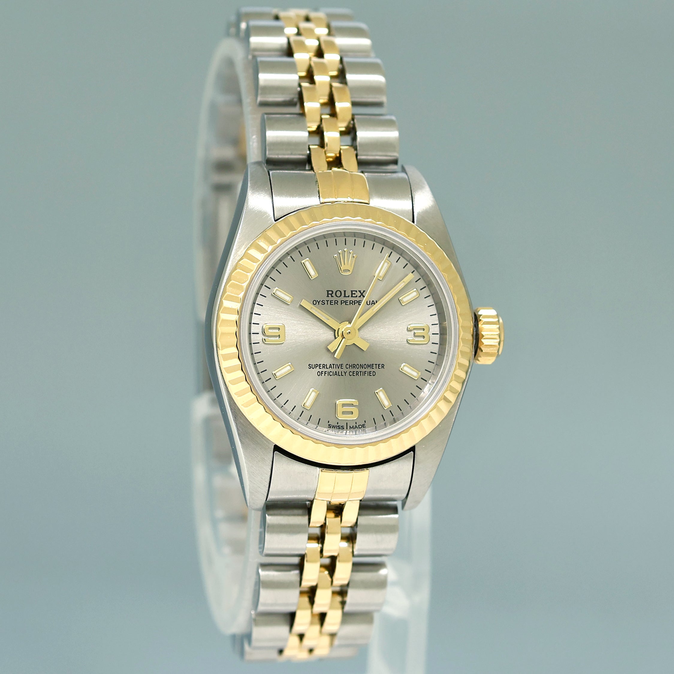 2004 Ladies Rolex Oyster Perpetual 24mm Silver 76193 Two Tone Yellow Gold Jubilee Watch