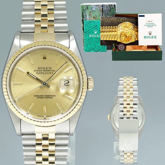 1991 PAPERS MINT Rolex DateJust 16233 Two-Tone Yellow Gold 36mm Champagne Jubilee Watch Box