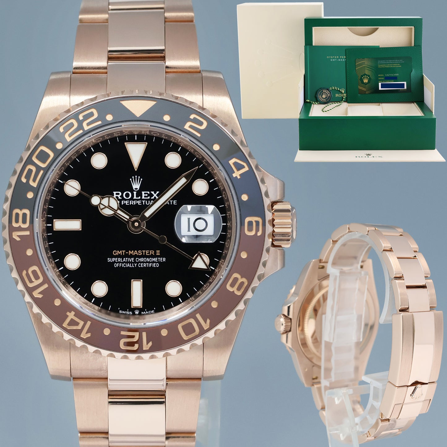 2020 NEW PAPERS Rolex GMT Master Rose Gold Ceramic Root Beer 126715 Watch Box