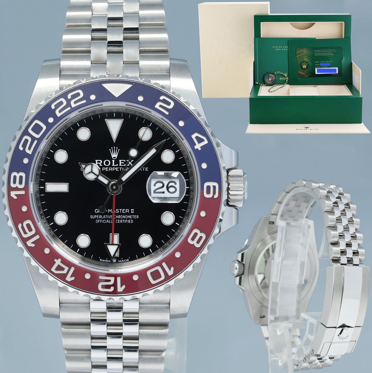 PAPERS 2024 NEW Rolex GMT Master PEPSI Red Blue Jubilee Ceramic 126710BLRO Watch